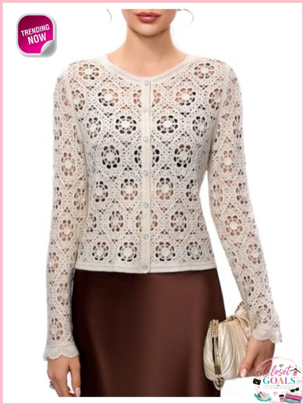 Wool Blend Crochet Cardigan Golden Thread Open Front Knit Sweater